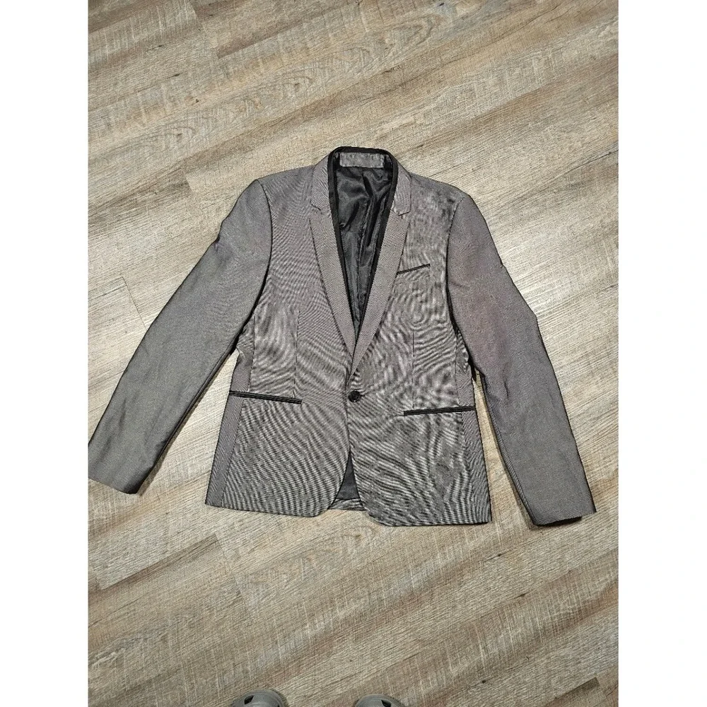 Guess‎ Mens Gray Two-Tone Single Button Slim Fit Blazer Jacket Metallic Sheen